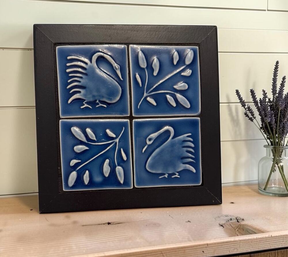 Vintage SWAN Wood Ceramic Tile TRIVET Wall Art Decor Blue 3710/67